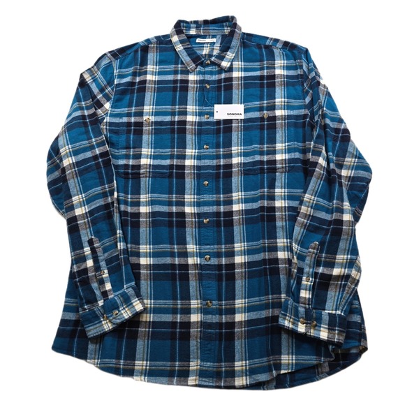 Sonoma Flannel Shirt Mens 4XLT Blue Plaid 100% Cotton Supersoft Big & Tall NEW